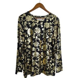 Chico's Touch of Cool Foiled Floral Layering Tee Top XL Black Gold Long Sleeve